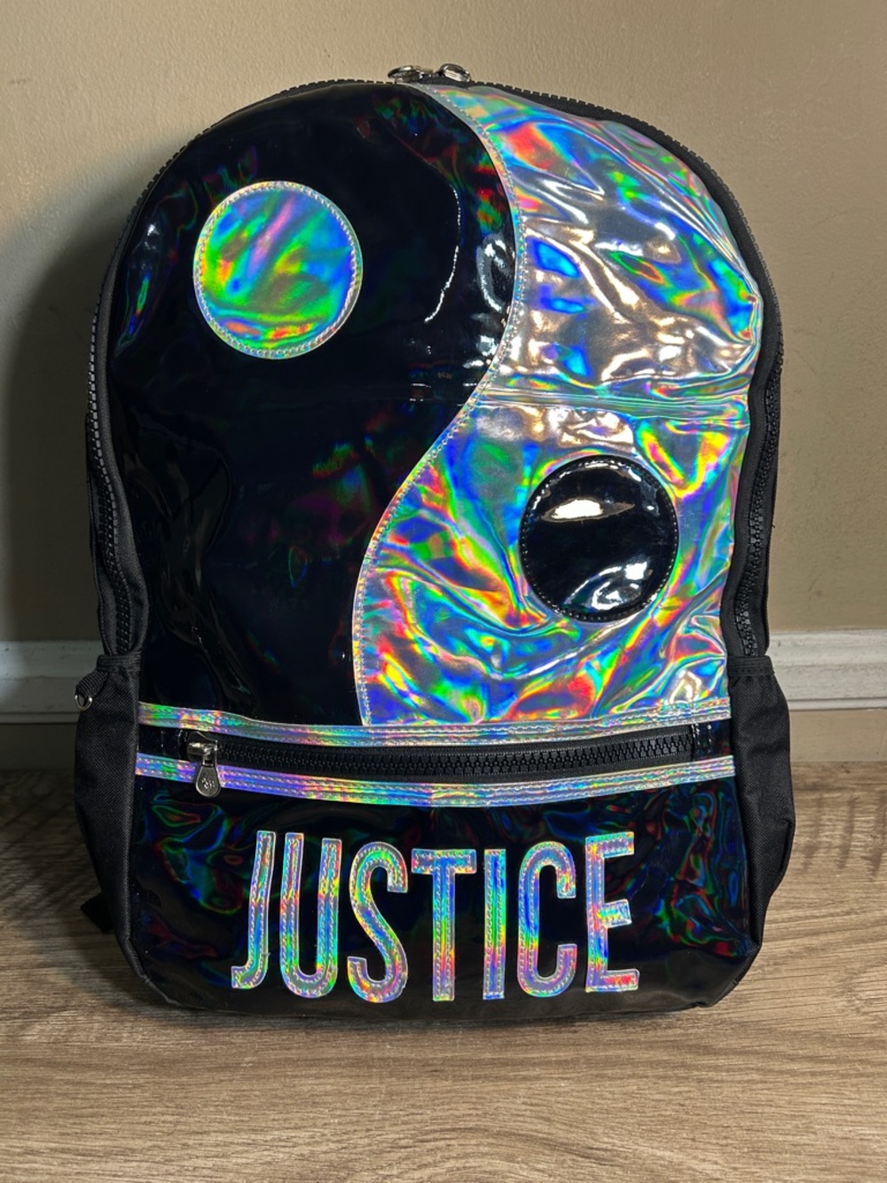 Justice Girls 17" Laptop Backpack with Pom Key Chain, Black Yin Yang
